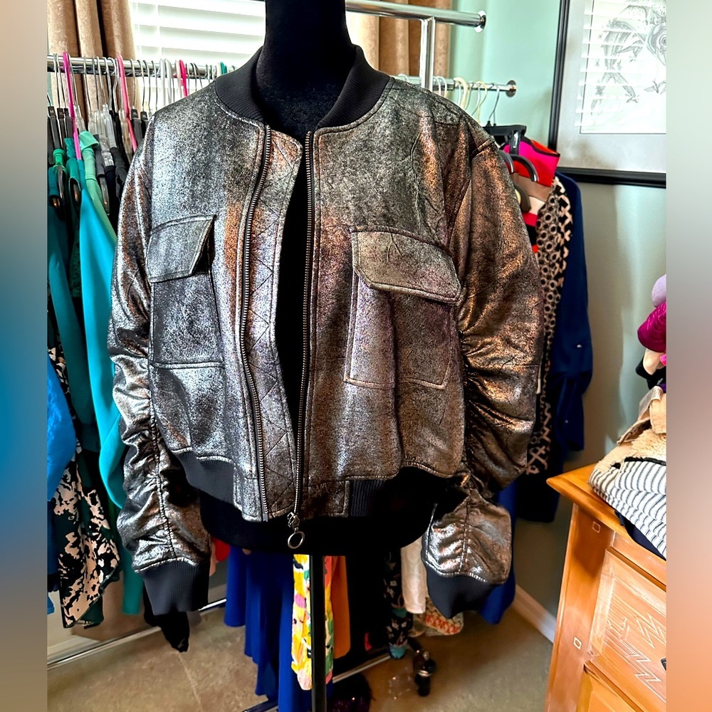 Robert Rodriquez Glossy Black Silver Bomber Jacket, Size L, NWT